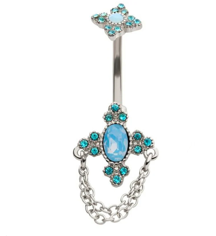 Regal Opalite Dangle Chain Aqua CZ Belly Button Ring - Mrs Treak