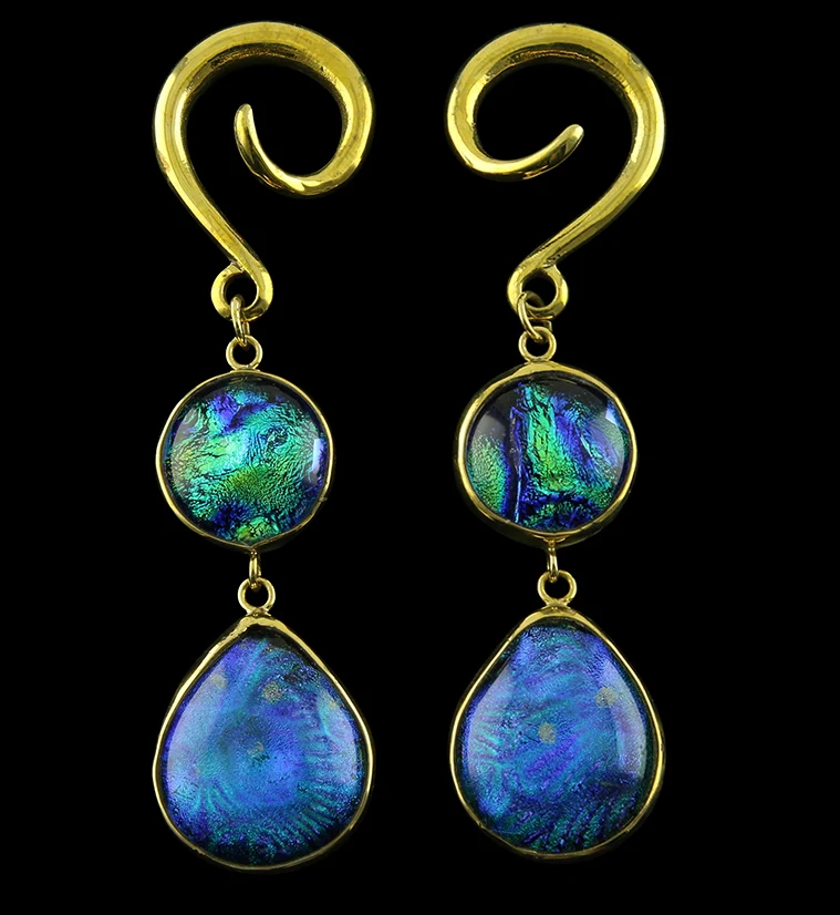 Ocean Blue Double Teardrop Dichroic Glass Brass Ear Weights - Mrs Treak