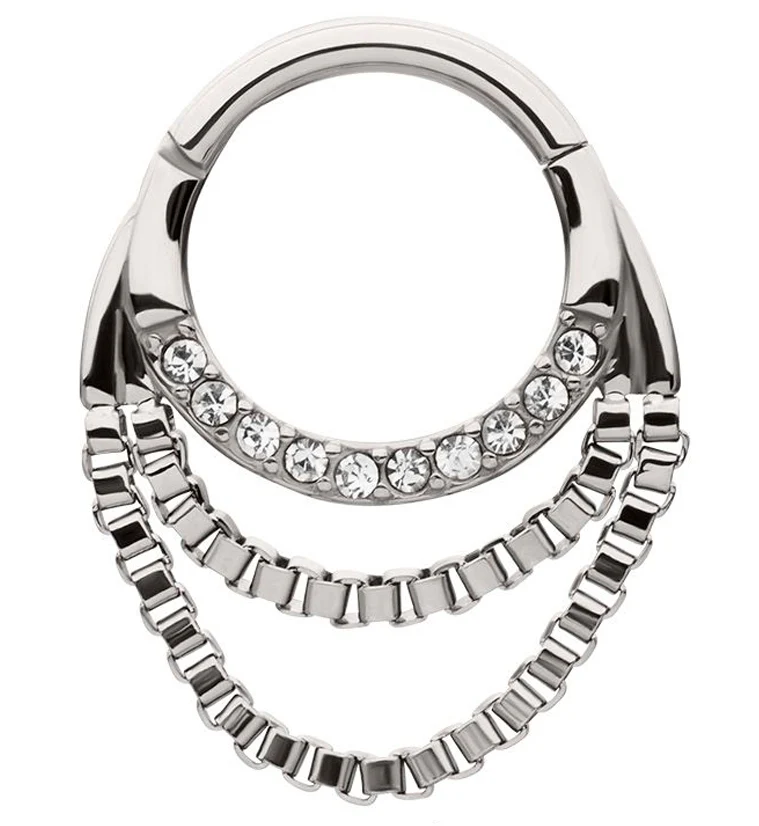 Double Box Chain Dangle Clear CZ Stainless Steel Hinged Segment Ring - Mrs Treak