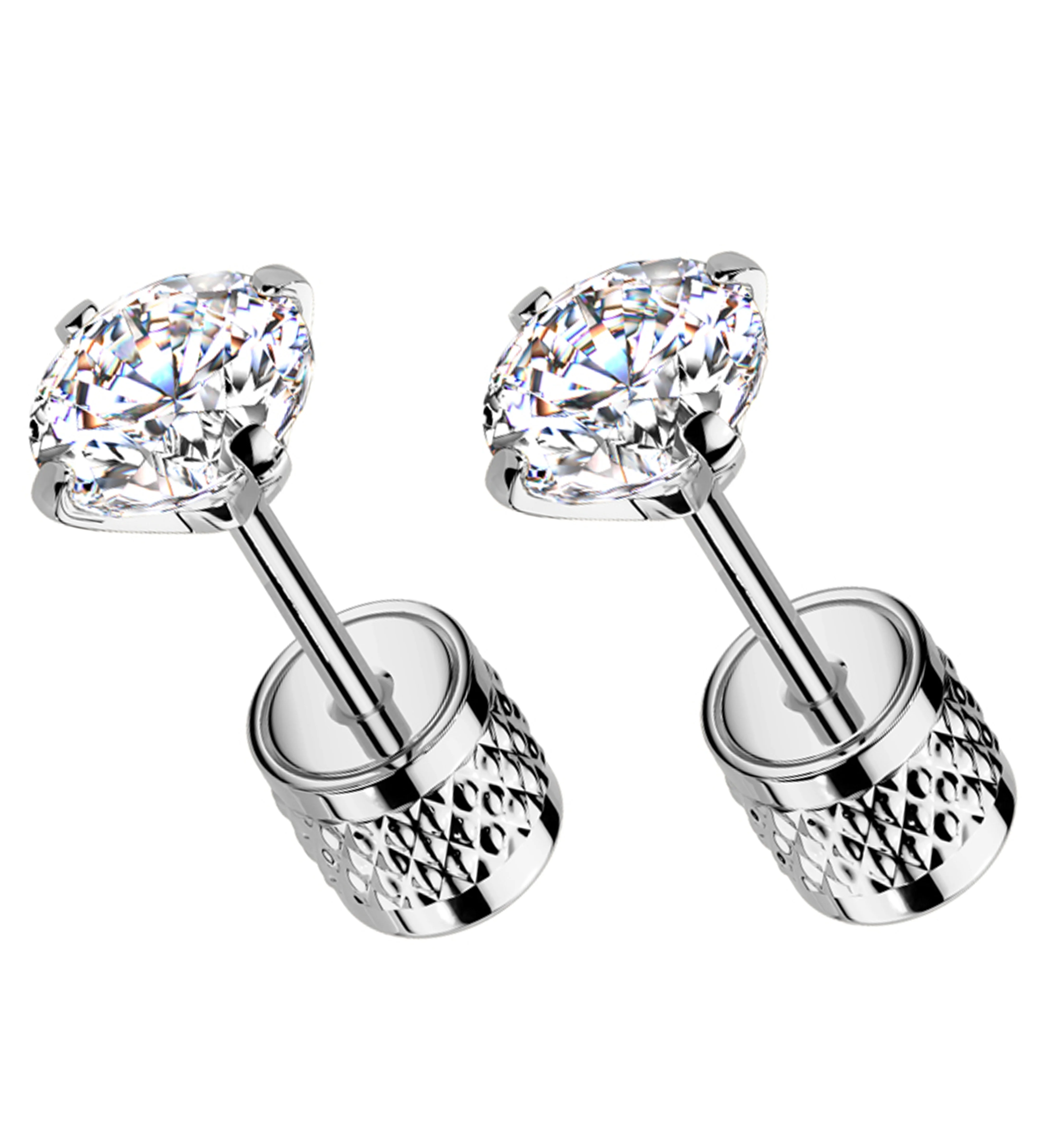 Prong Clear CZ Stainless Steel Textured Cylinder Back Stud Earrings - Mrs Treak