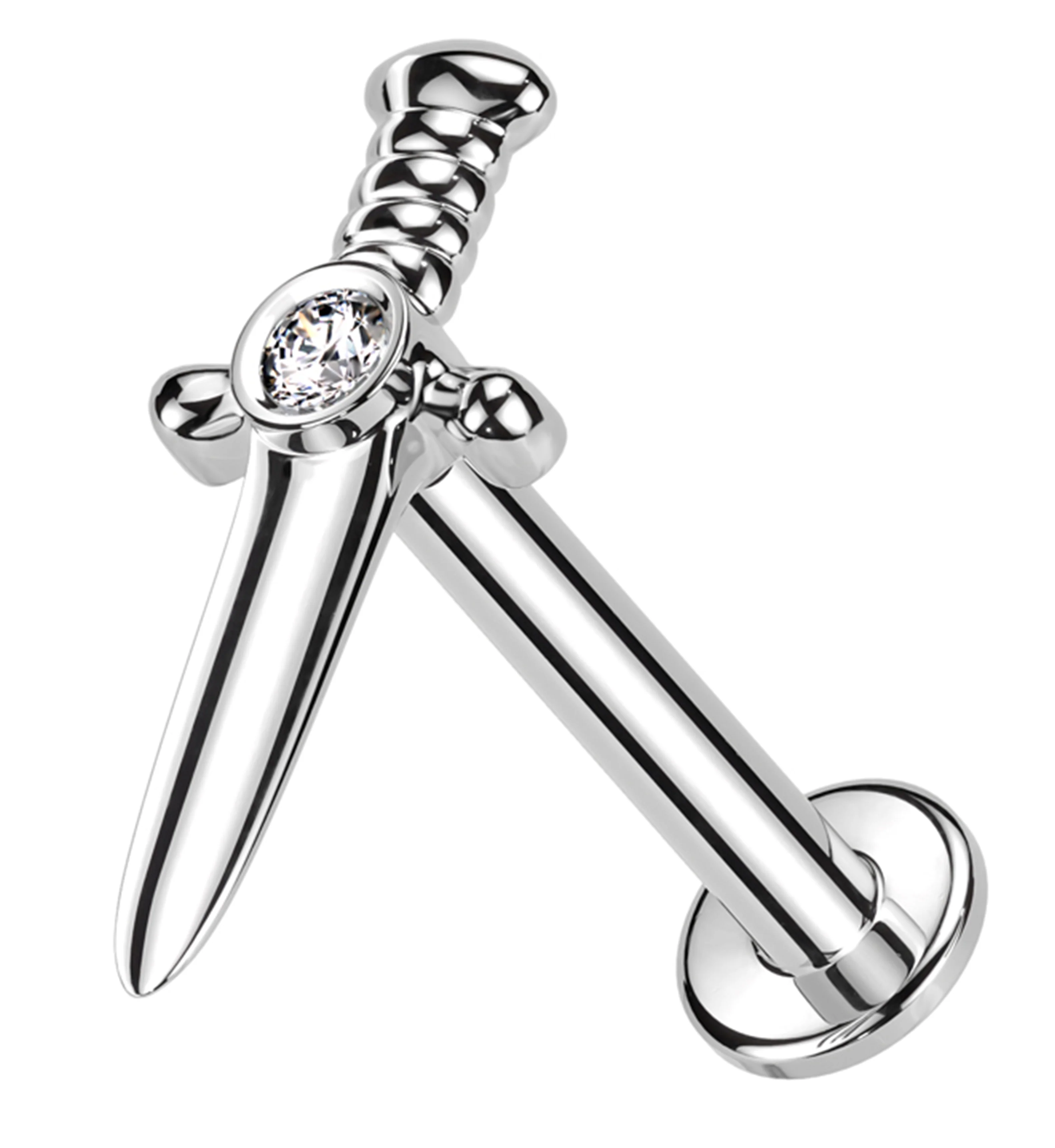 14kt White Gold Dagger Clear CZ Internally Threaded Labret - Mrs Treak