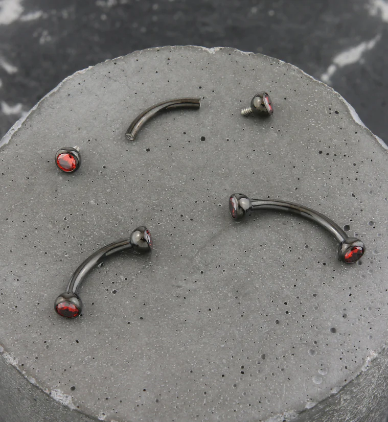 Black PVD Titanium Double Bezel Red CZ Internally Threaded Curved Barbell - Mrs Treak