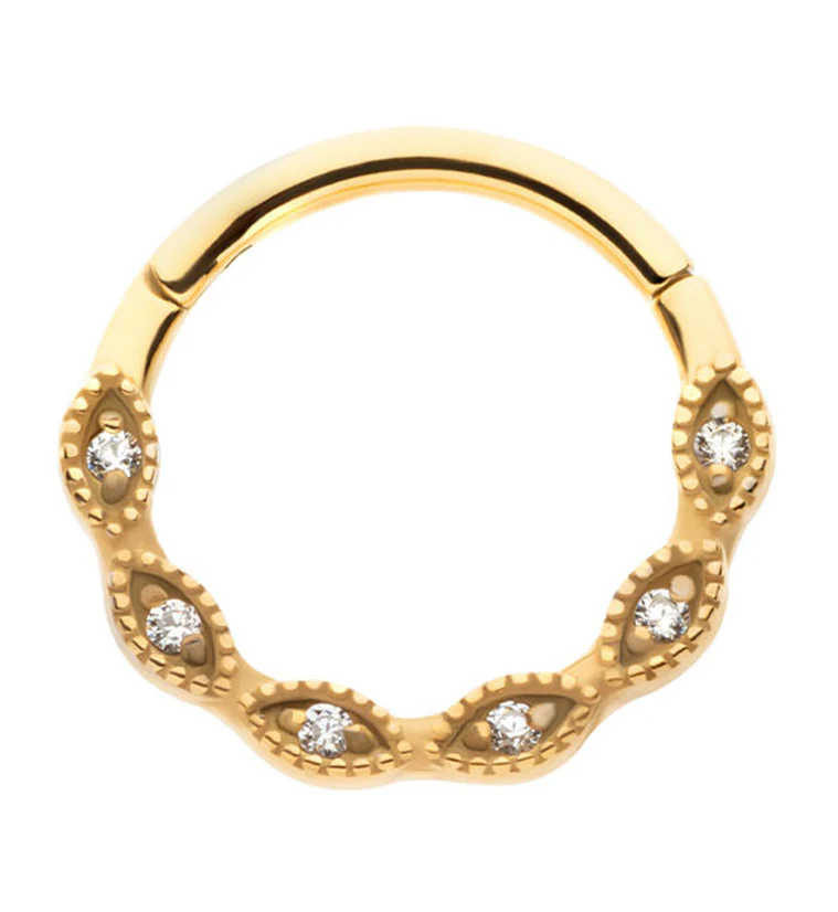 Gold PVD Twist Beaded Clear CZ Stainless Steel Hinged Segment Ring - Mrs Treak