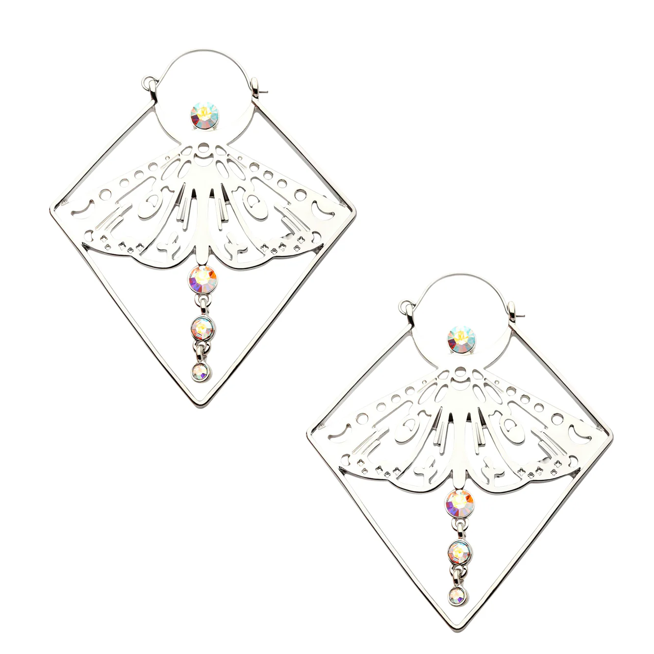 Luna Moth Dangle Rainbow Aurora CZ Stainless Steel Plug Hoops - Mrs Treak