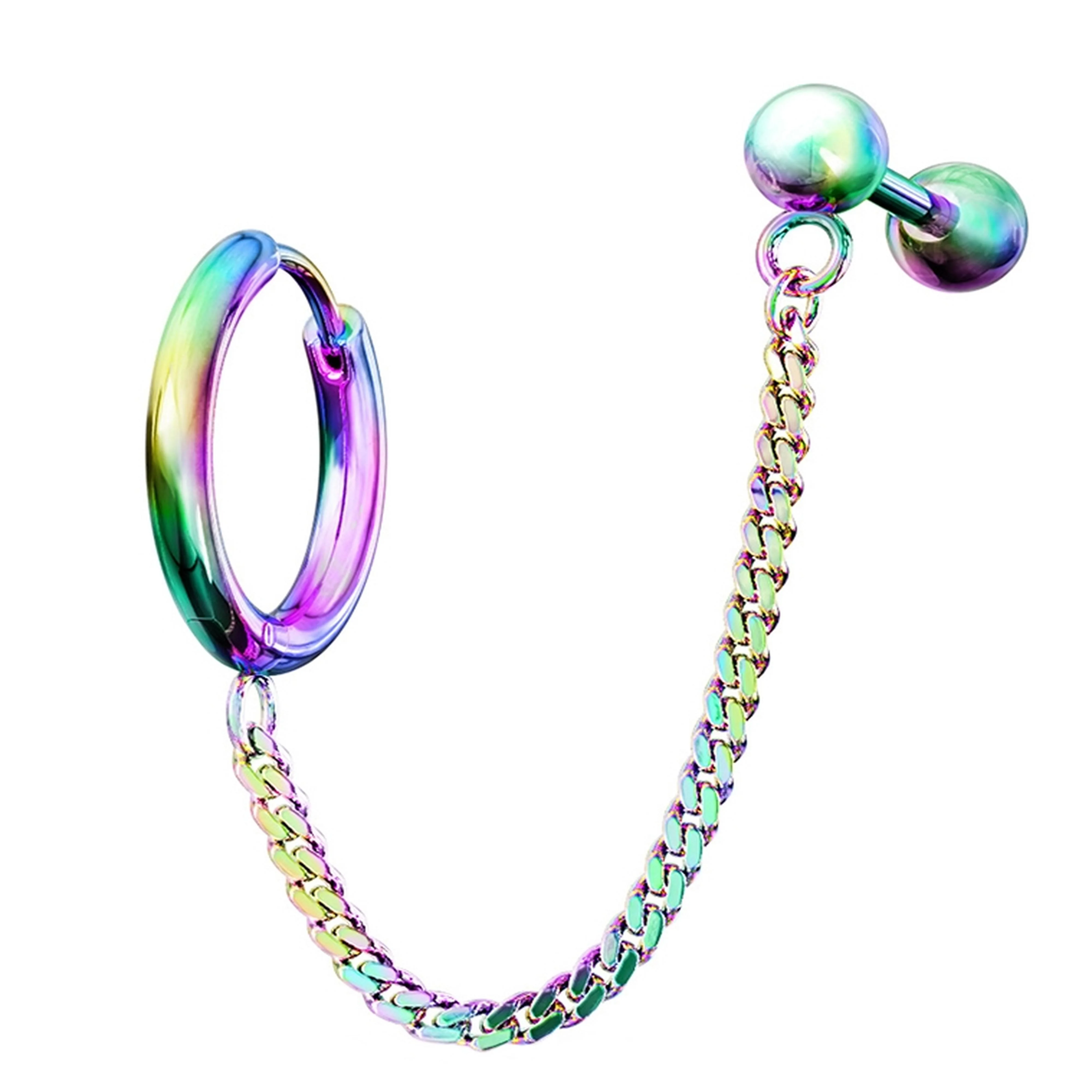 Rainbow PVD Linked Hinged Hoop Ring & Cartilage Barbell - Mrs Treak