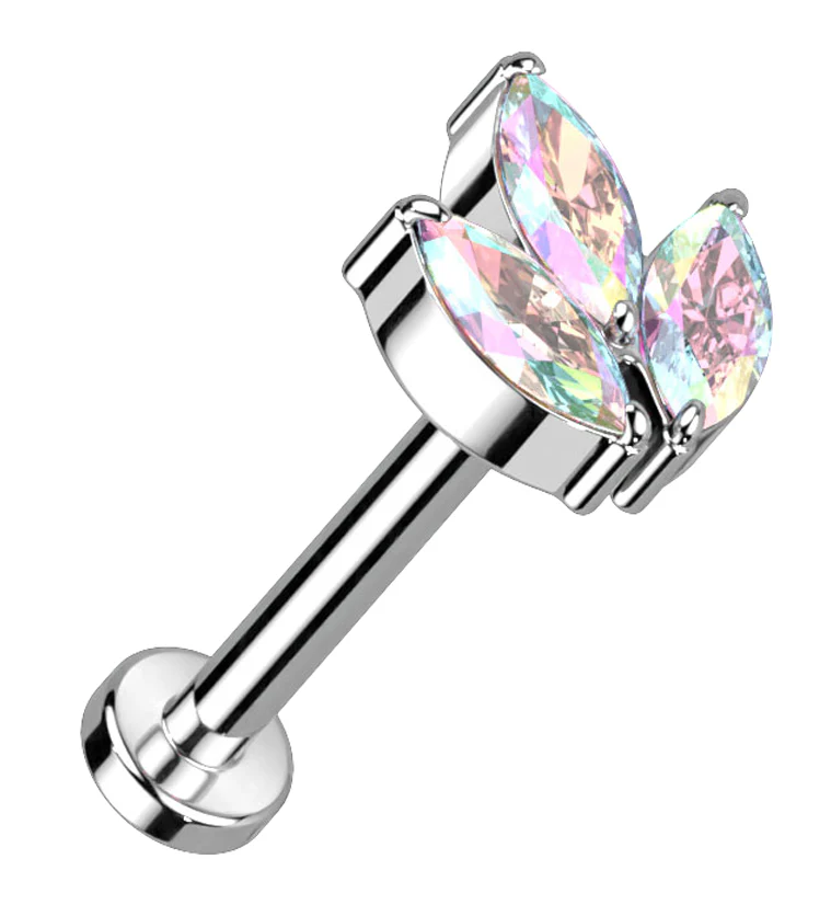 Rainbow Aurora CZ Tri Sepal Titanium Threadless Labret - Mrs Treak