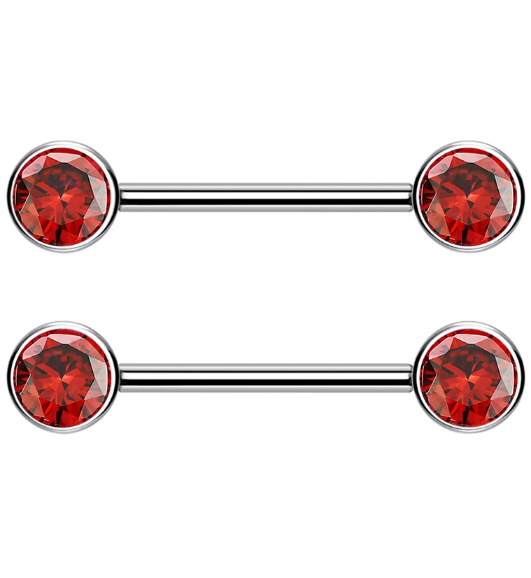 Dual Bezel Red CZ Titanium Threadless Nipple Ring Barbell - Mrs Treak