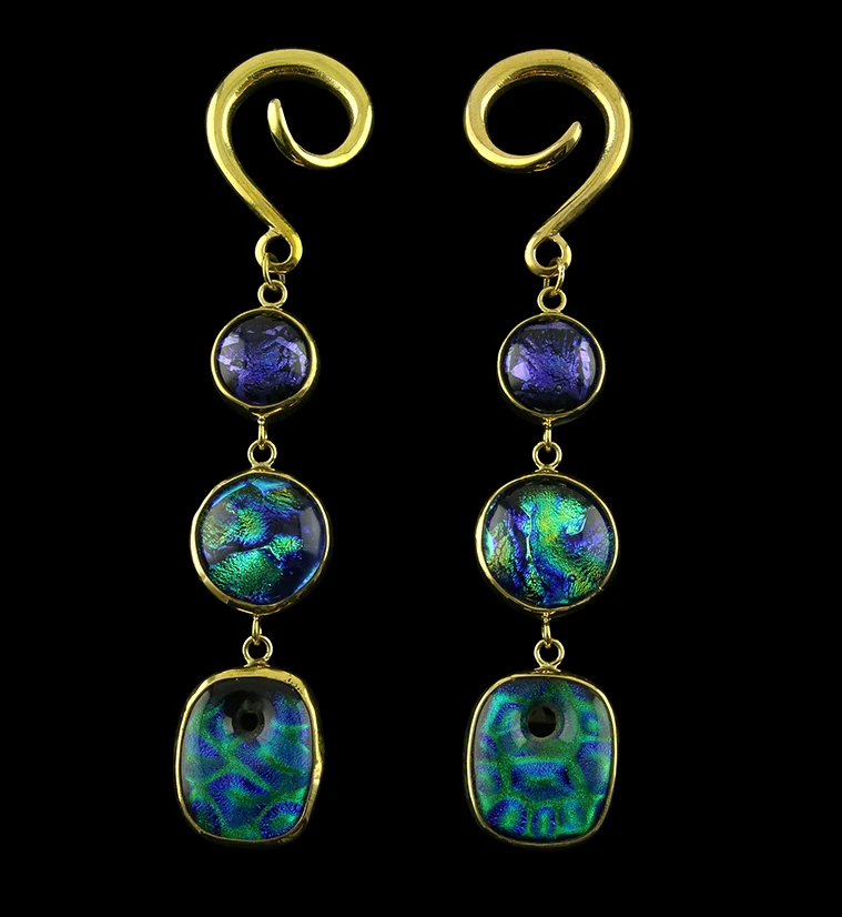 Mother Earth Triple Shaped Dichroic Glass Brass Ear Weights - Mrs Treak