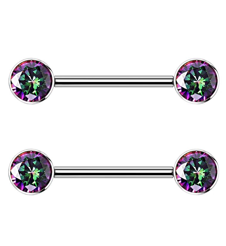 14G Double Black Aurora CZ Titanium Nipple Ring Barbell - Mrs Treak
