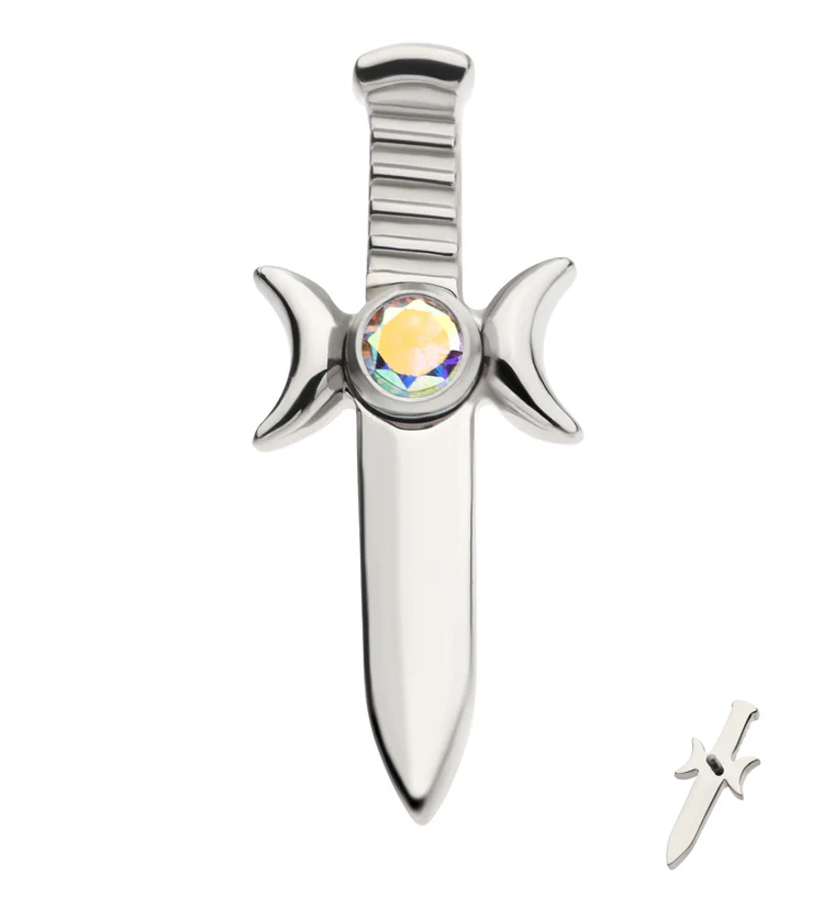 Sword And Moon Phase Rainbow Aurora CZ Internally Threaded Titanium Top - Mrs Treak