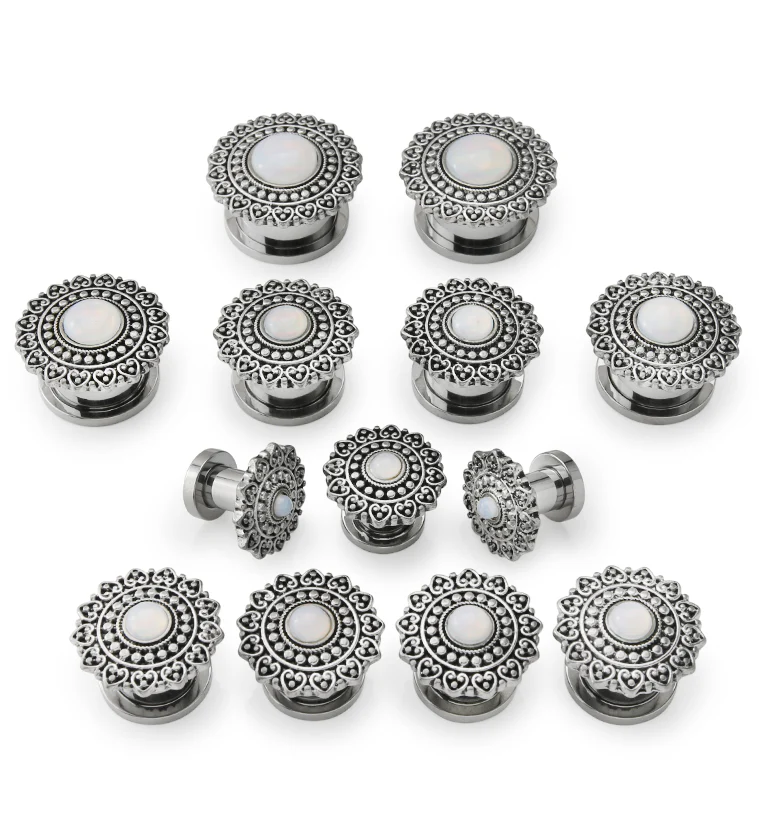 Florid White Opalite Stainless Steel Tunnel Plugs - Mrs Treak