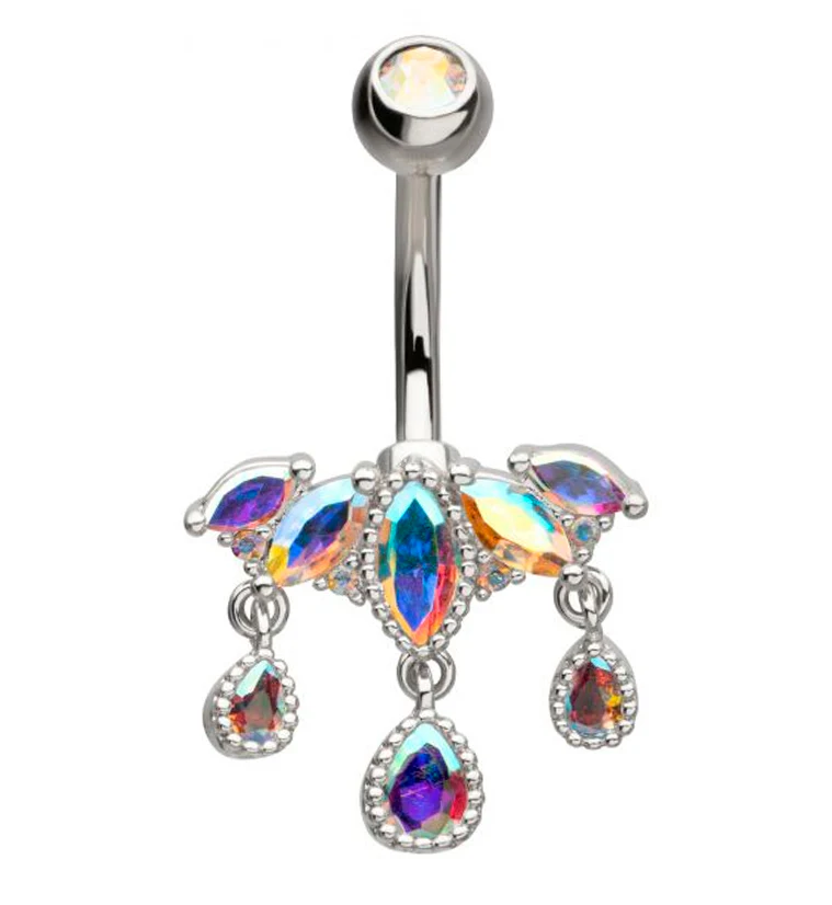 Beaded Chaplet Dangle Teardrop Rainbow Aurora CZ Belly Button Ring - Mrs Treak