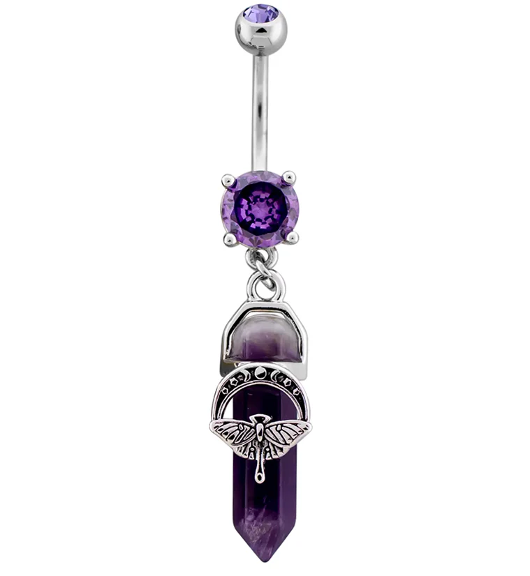 Moon Phase Moth Amethyst Crystal Dangle Stainless Steel Belly Button Ring - Mrs Treak