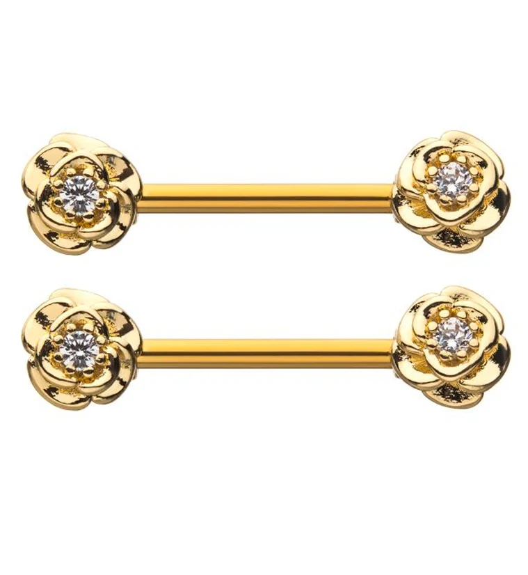 14G Gold PVD Double Rose Bud Nipple Ring Barbell - Mrs Treak