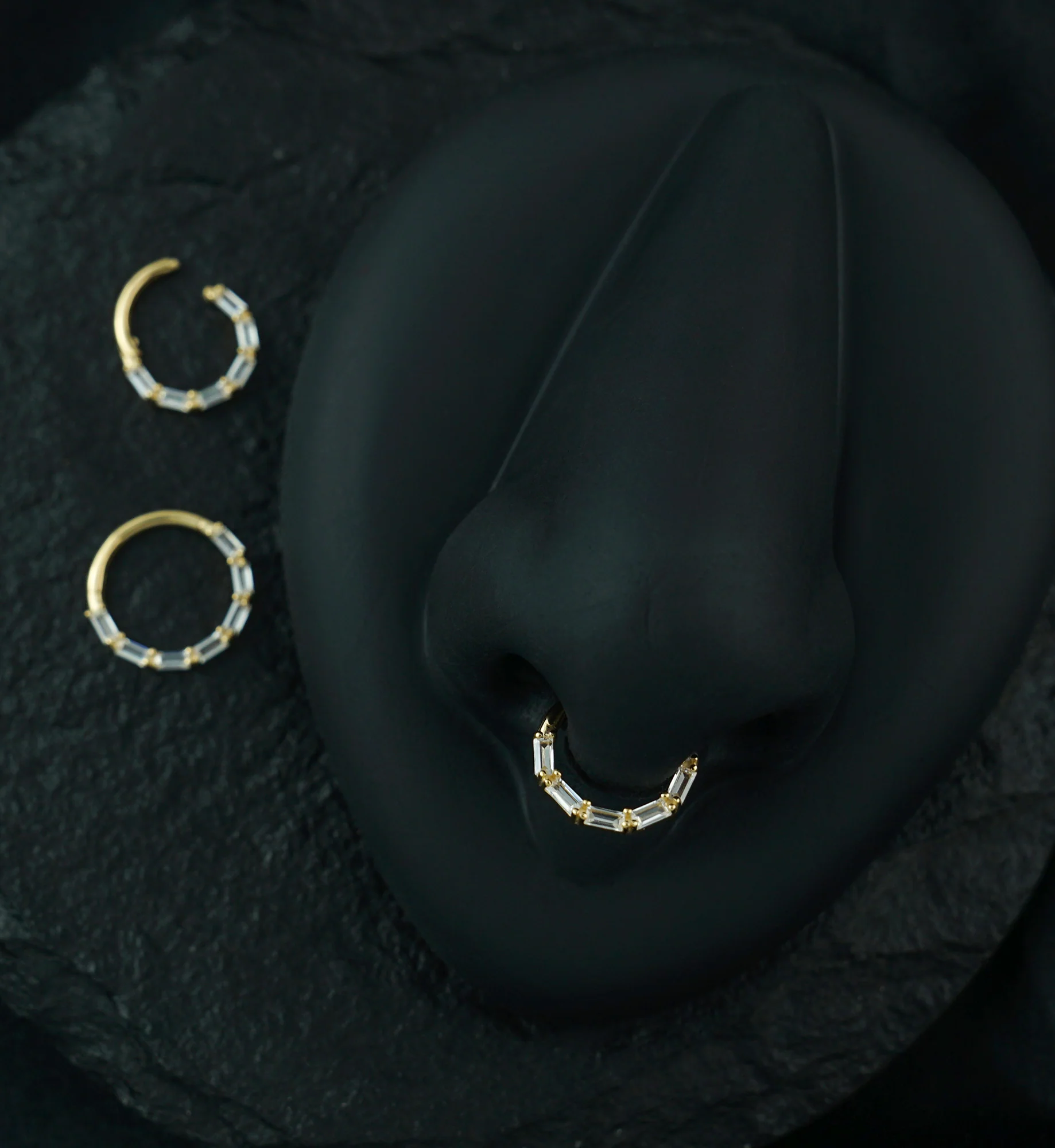 14kt Gold Baguette Row Clear CZ Hinged Segment Ring - Mrs Treak