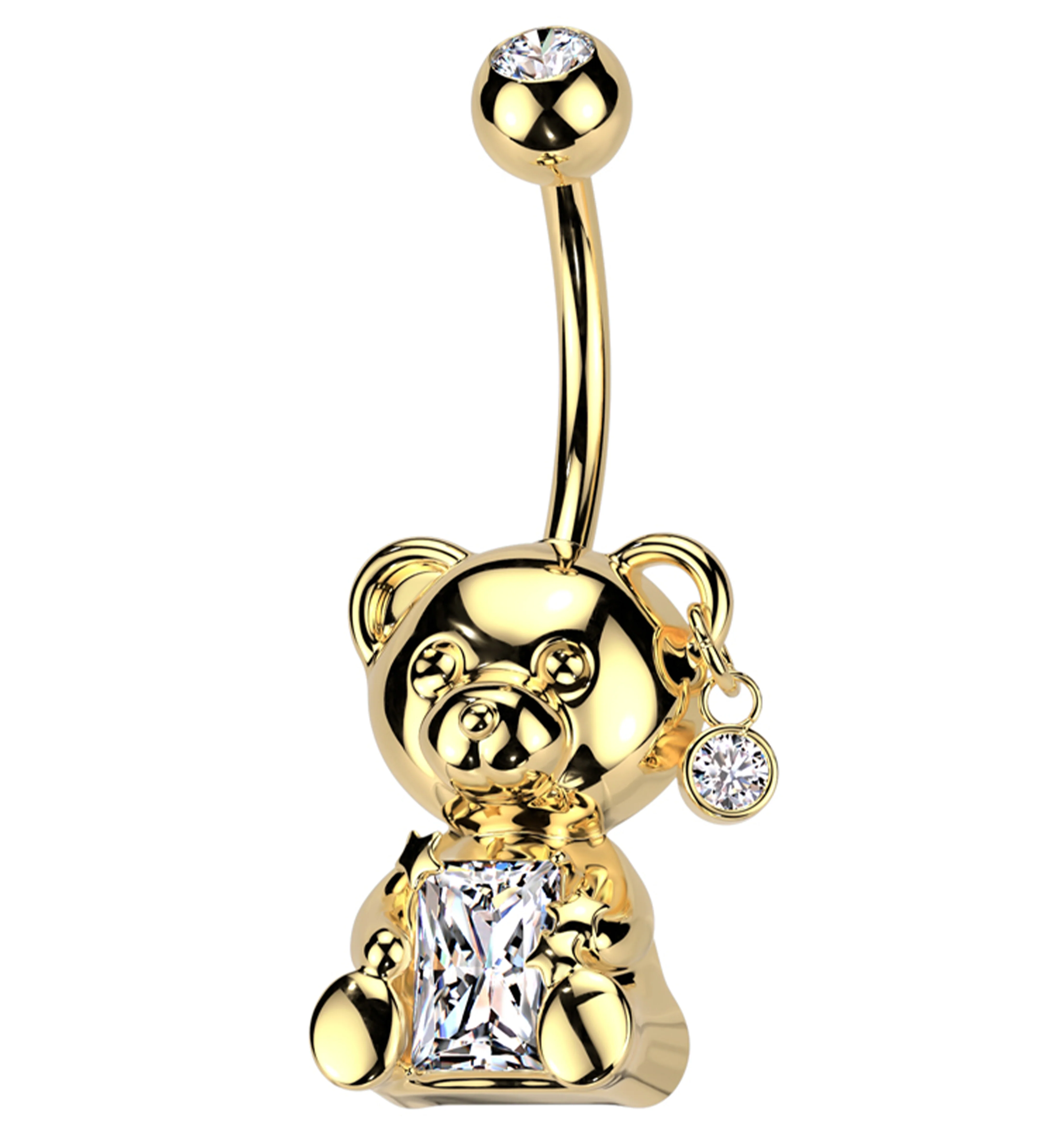 Gold PVD Teddy Bear Baguette Clear CZ Stainless Steel Belly Button Ring - Mrs Treak