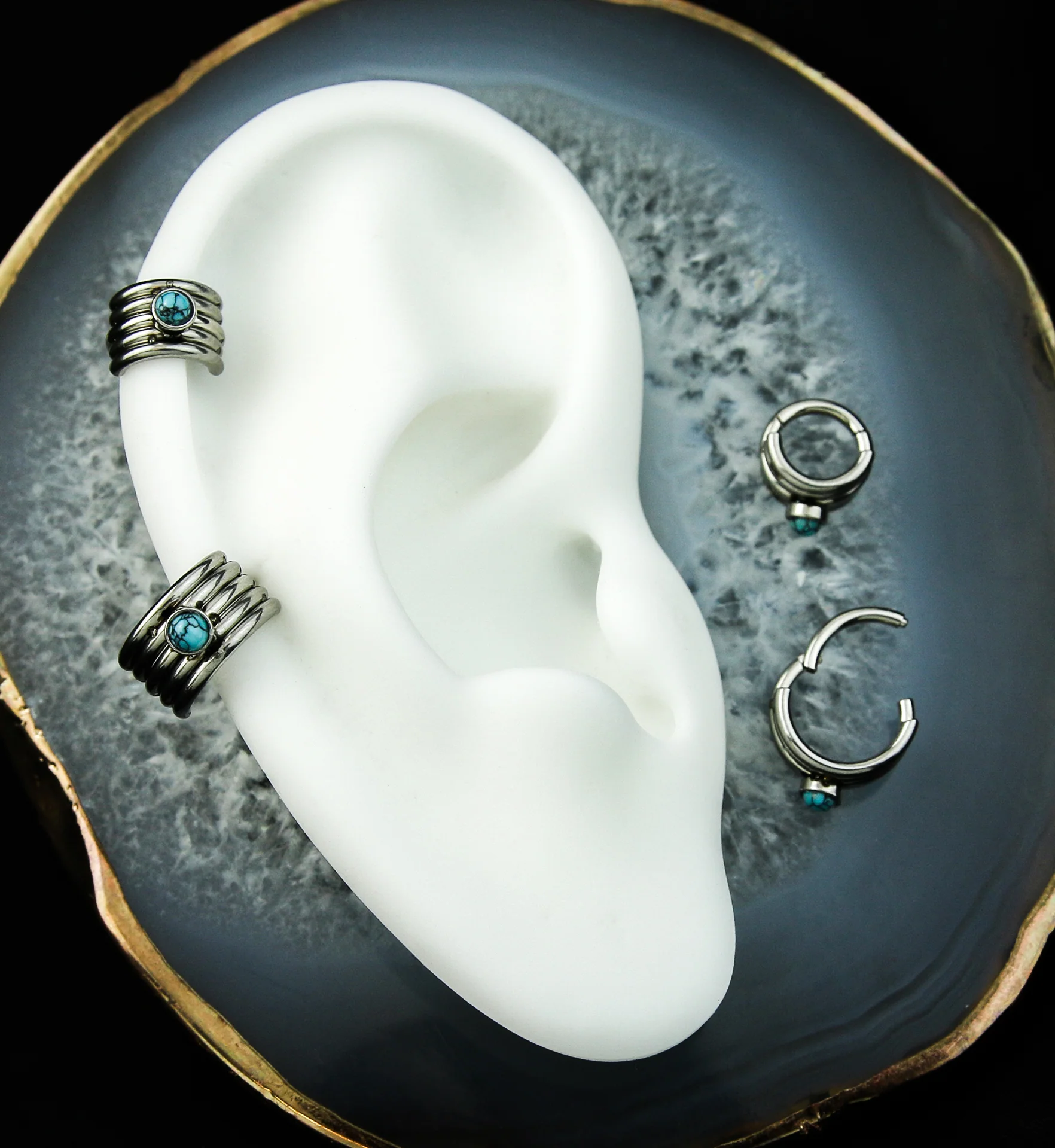 Howlite Turquoise Stacked Stainless Steel Hinged Cuff Segment Ring - Mrs Treak