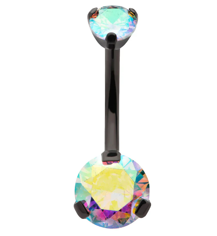 Prong Rainbow Aurora CZ Internally Threaded Black PVD Titanium Belly Button Ring - Mrs Treak