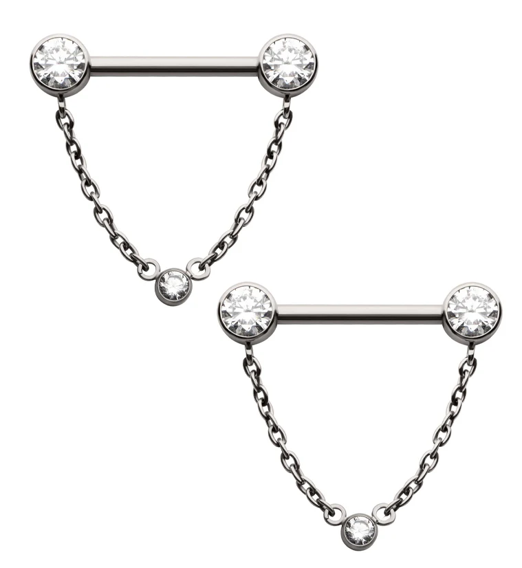 Dangle Chain Single Clear CZ Titanium Threadless Nipple Barbell - Mrs Treak