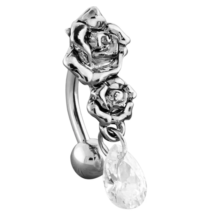 Double Rosebud Teardrop Dangle Belly Button Ring - Mrs Treak