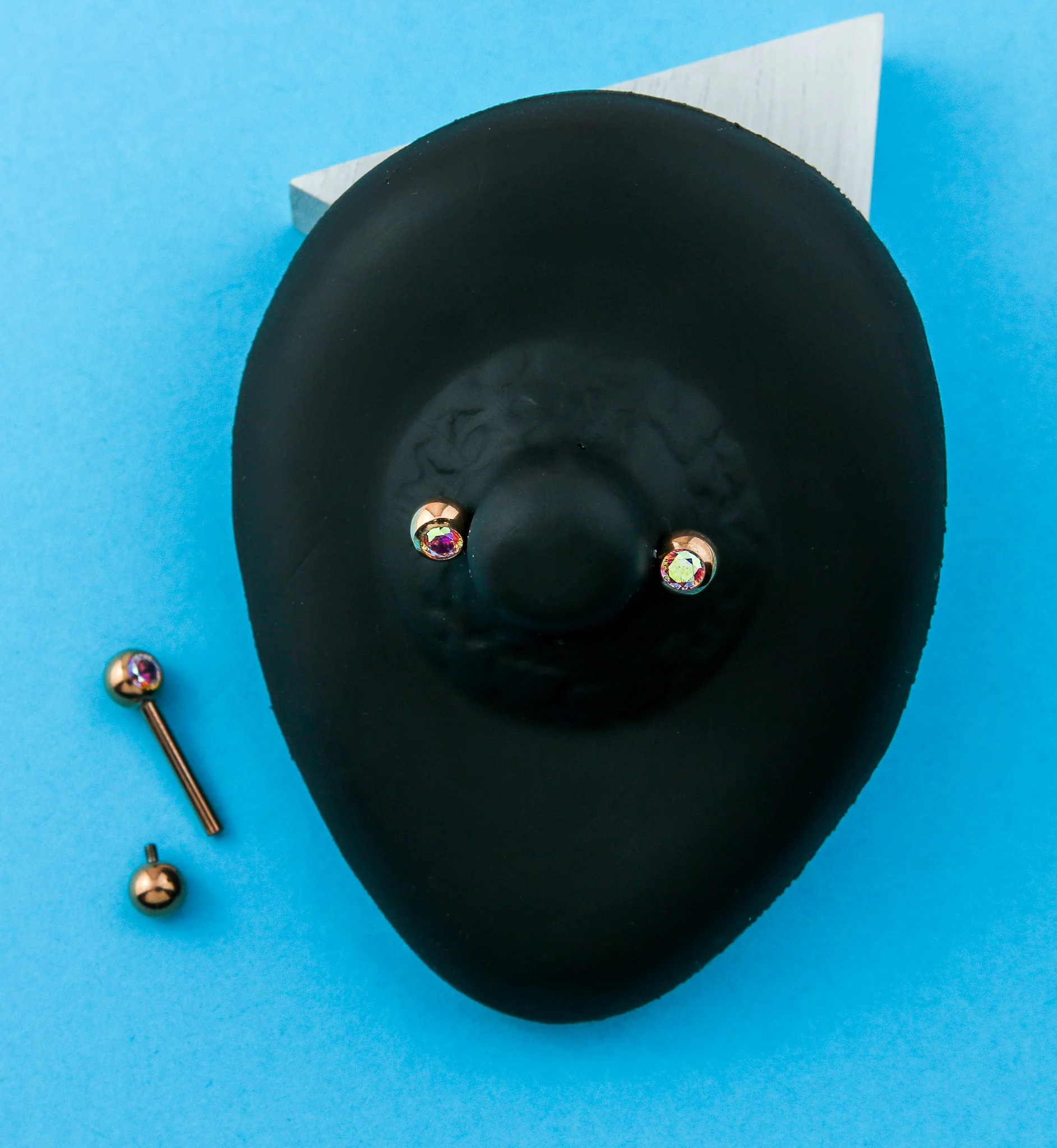 Rose Gold PVD Rainbow Aurora CZ Ball Internally Threaded Titanium Nipple Barbells - Mrs Treak