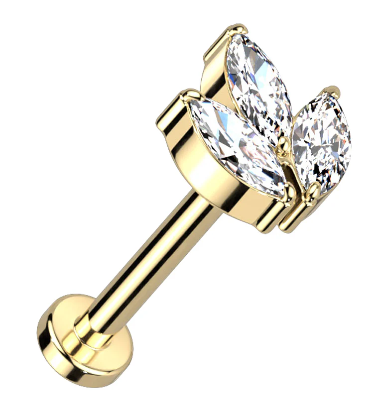 Gold PVD Clear CZ Tri Sepal Titanium Threadless Labret - Mrs Treak