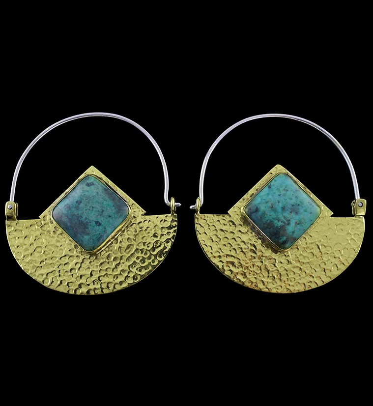 14G Acicular Chrysocolla Stone Brass Hangers - Mrs Treak