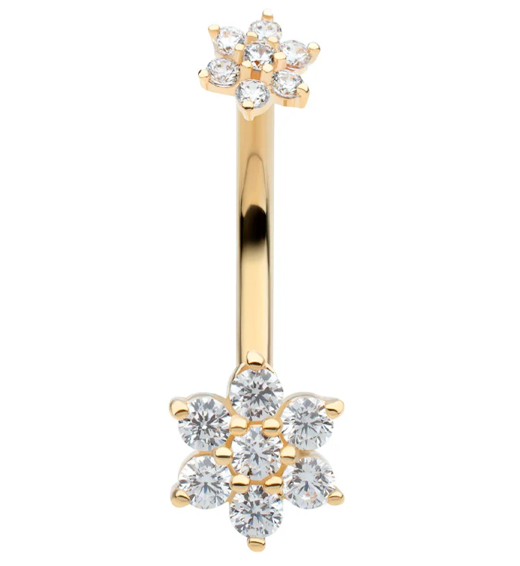 14kt Gold Double Flower Clear CZ Belly Button Ring - Mrs Treak