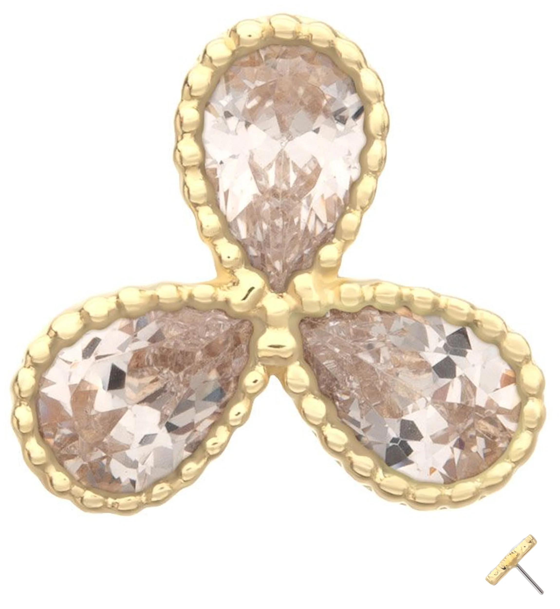 14kt Gold Triple Milgrain Teardrop Clear CZ Threadless Top - Mrs Treak