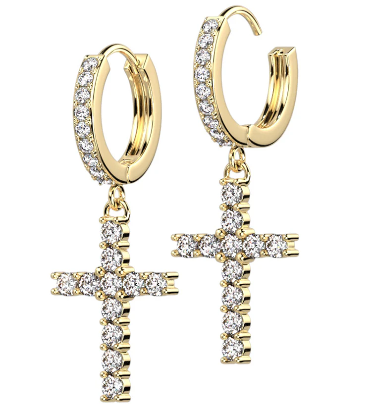 Gold PVD Cross CZ Stainless Steel Hoop Earrings - Mrs Treak