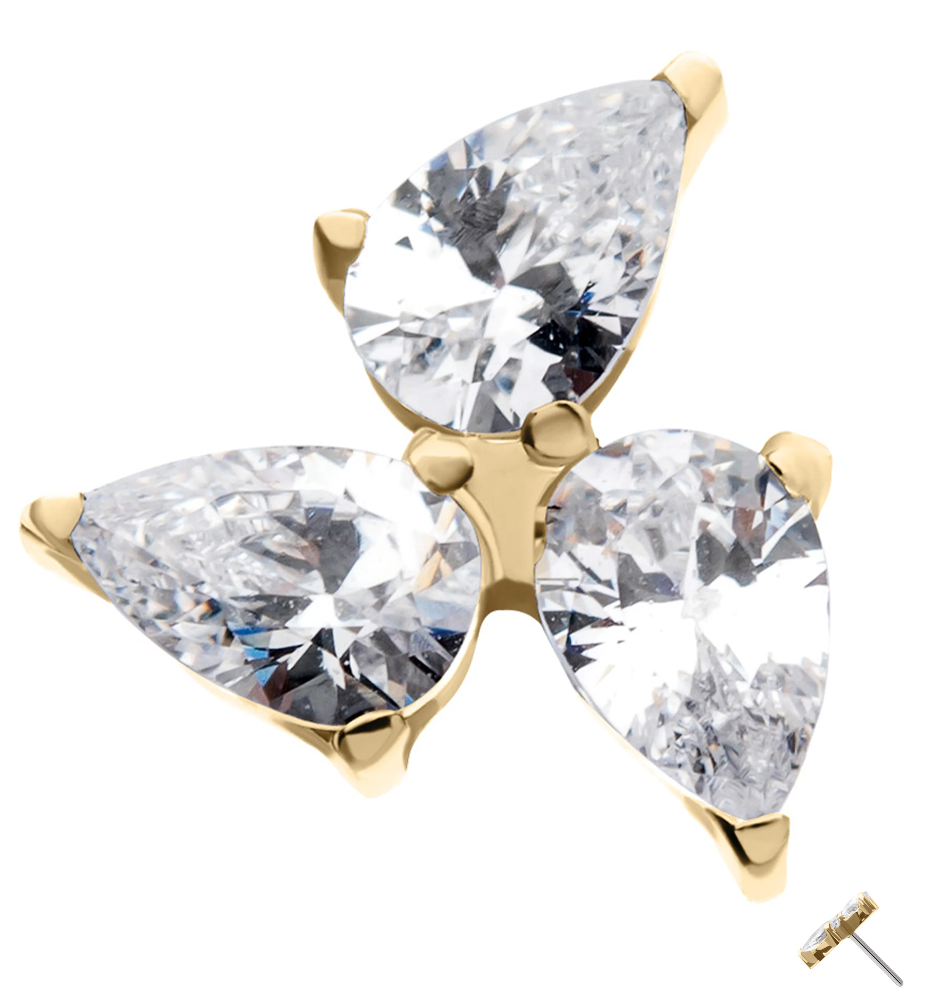 14kt Gold Triple Teardrop Clear CZ Threadless Top - Mrs Treak