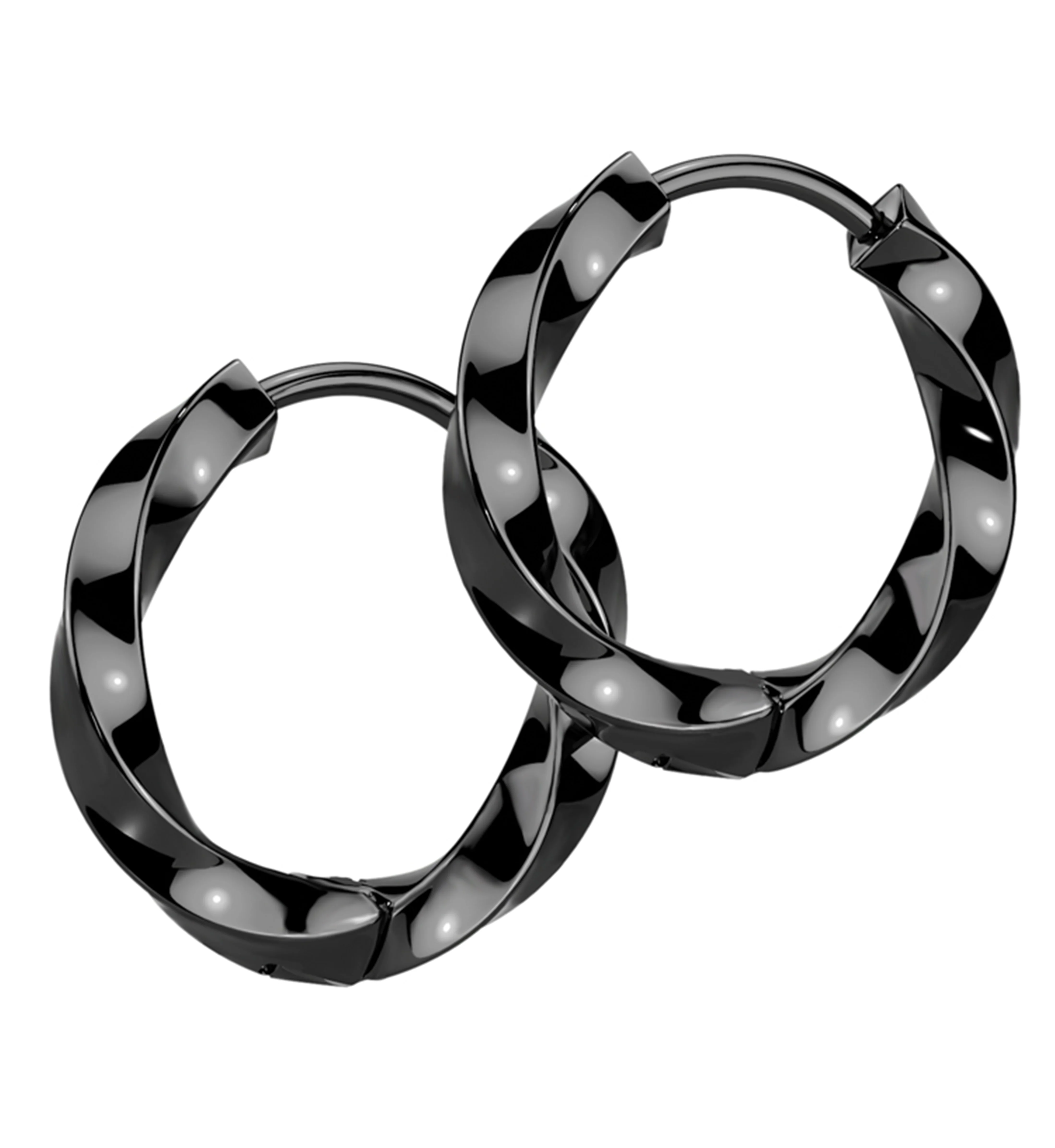 Black PVD Twisted Hoop Stainless Steel Hinged Earrings - Mrs Treak
