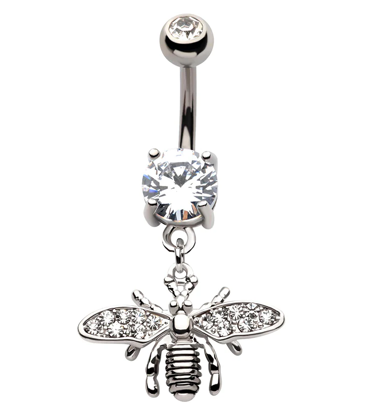 Flying Bee Pave CZ Dangle Stainless Steel Belly Button Ring - Mrs Treak