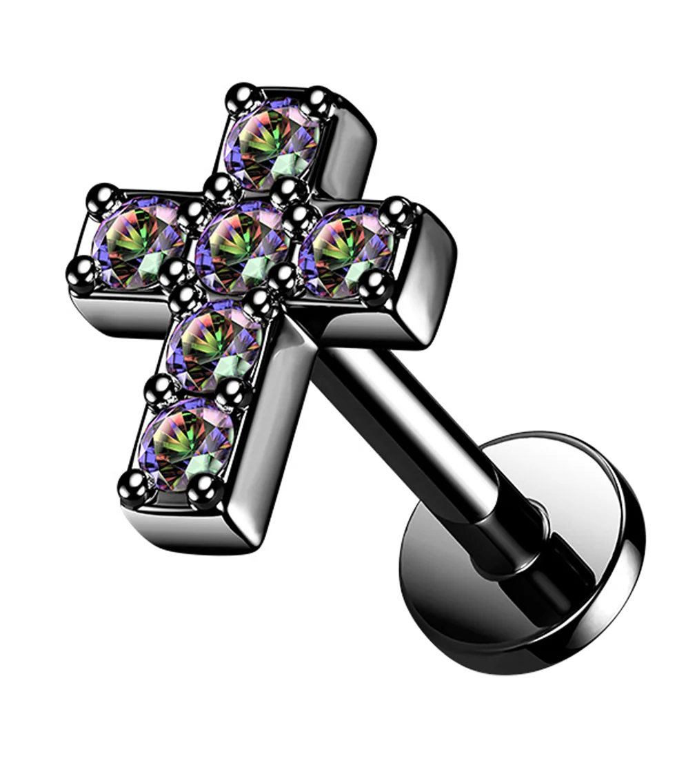 Black PVD Cross Aura CZ Gem Labret Post - Mrs Treak