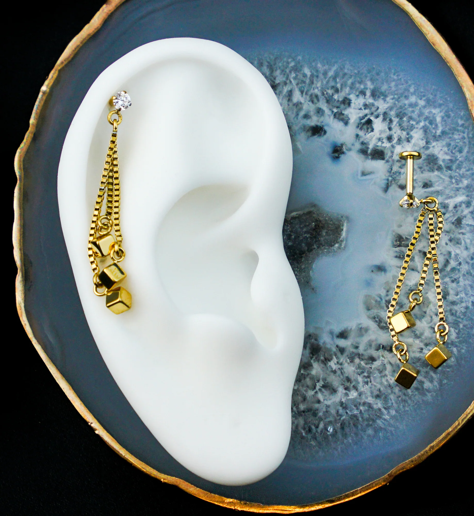 Gold PVD Triple Cube Dangle Chain Stainless Steel Internally Threaded Labret - Mrs Treak