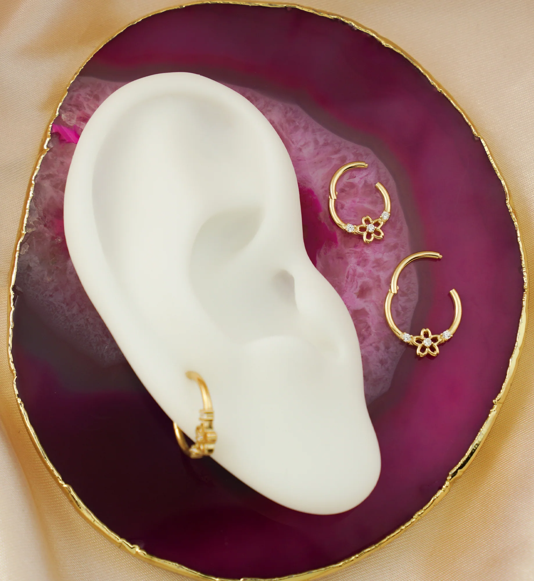 14kt Gold Floral Blossom Clear CZ Hinged Segment Ring - Mrs Treak