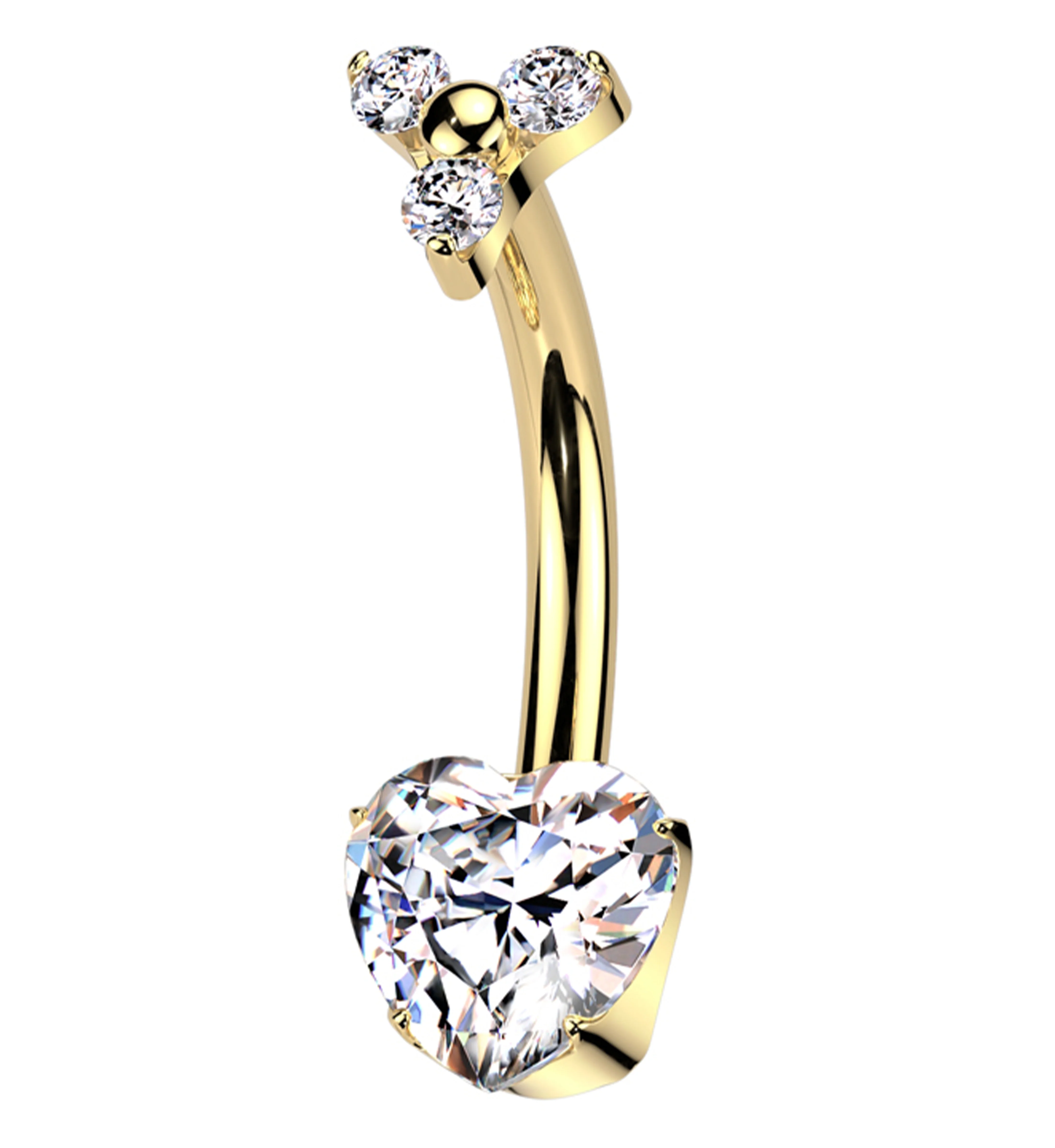 Gold PVD Trinity Heart Clear CZ Titanium Internally Threaded Belly Button Ring - Mrs Treak