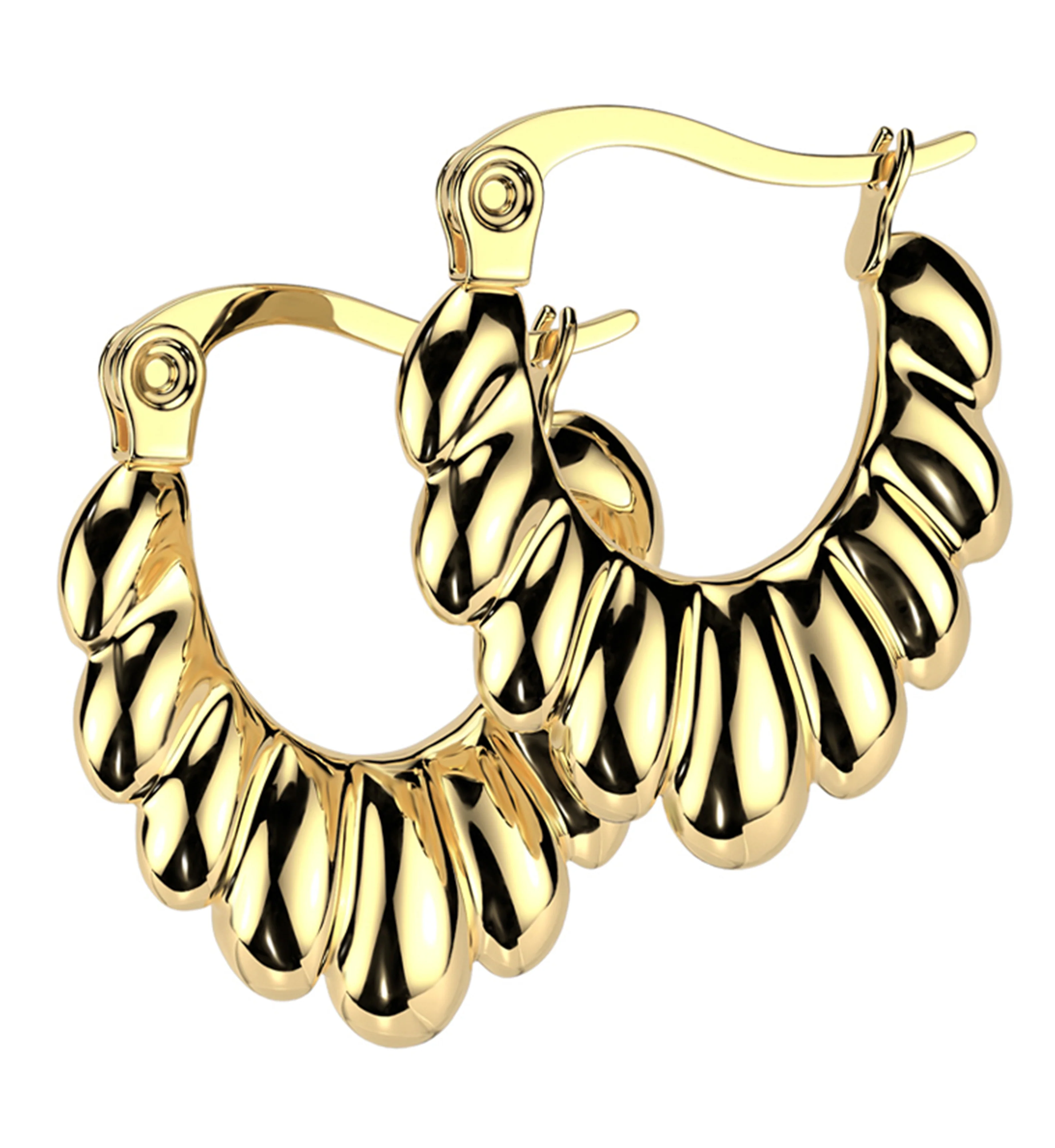 Gold PVD Scalloped Stainless Steel Hinged Hoop Earrings - Mrs Treak