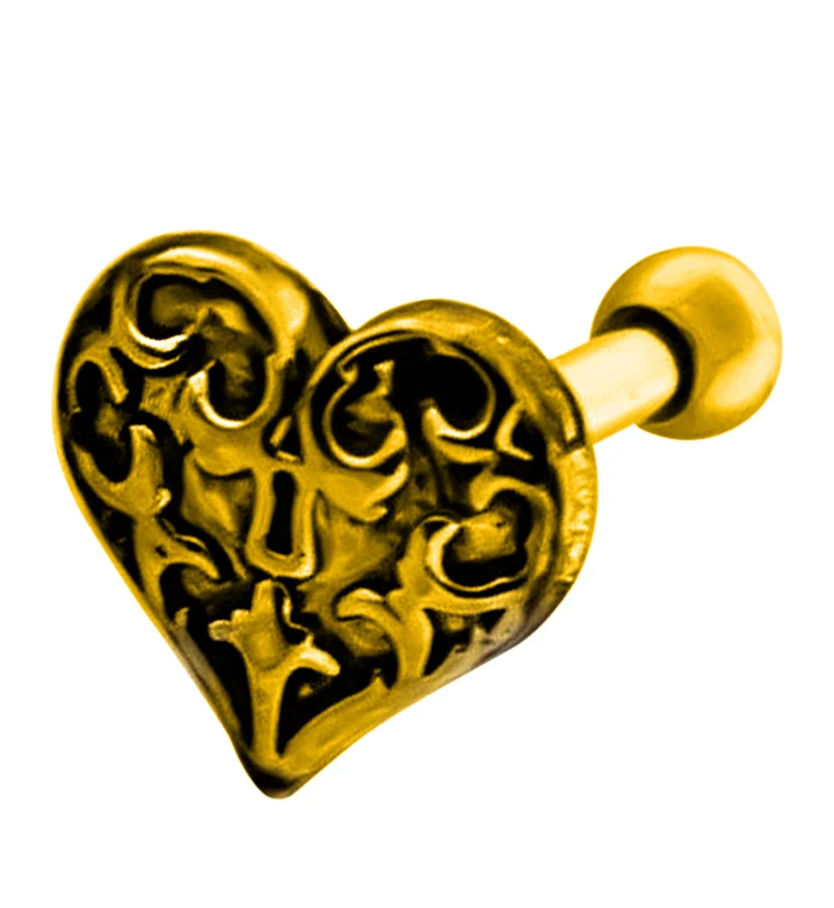 16G Gold PVD Heart Lock Cartilage Barbell - Mrs Treak