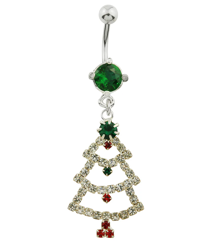 Christmas Tree Dangle Green CZ Stainless Steel Belly Button Ring - Mrs Treak