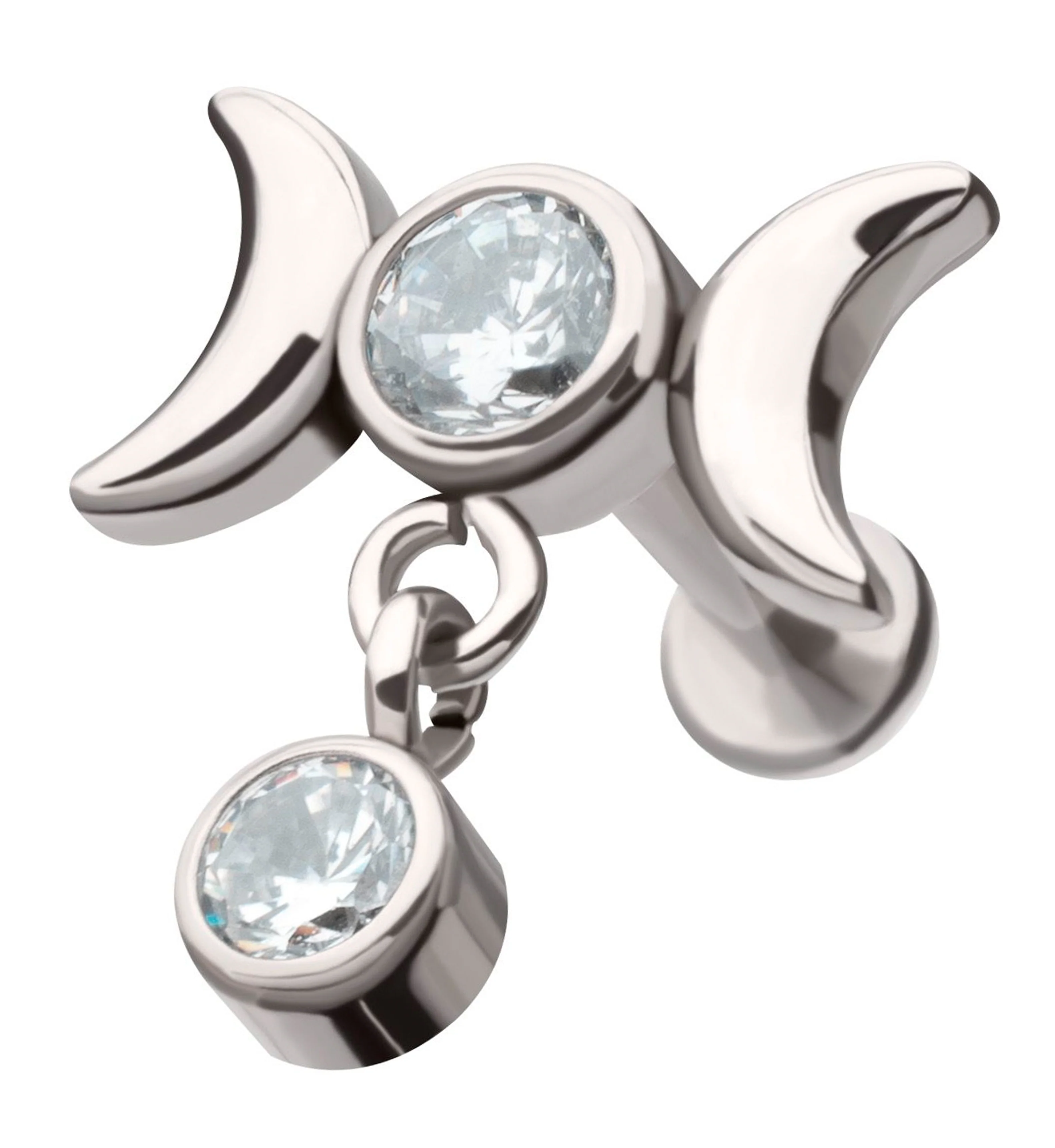 Moon Phase Dangle Clear CZ Stainless Steel Internally Threaded Labret - Mrs Treak