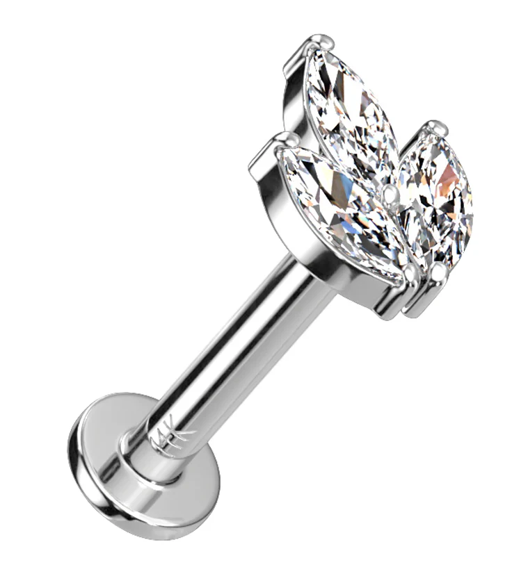14kt White Gold Tri Sepal CZ Threadless Labret - Mrs Treak