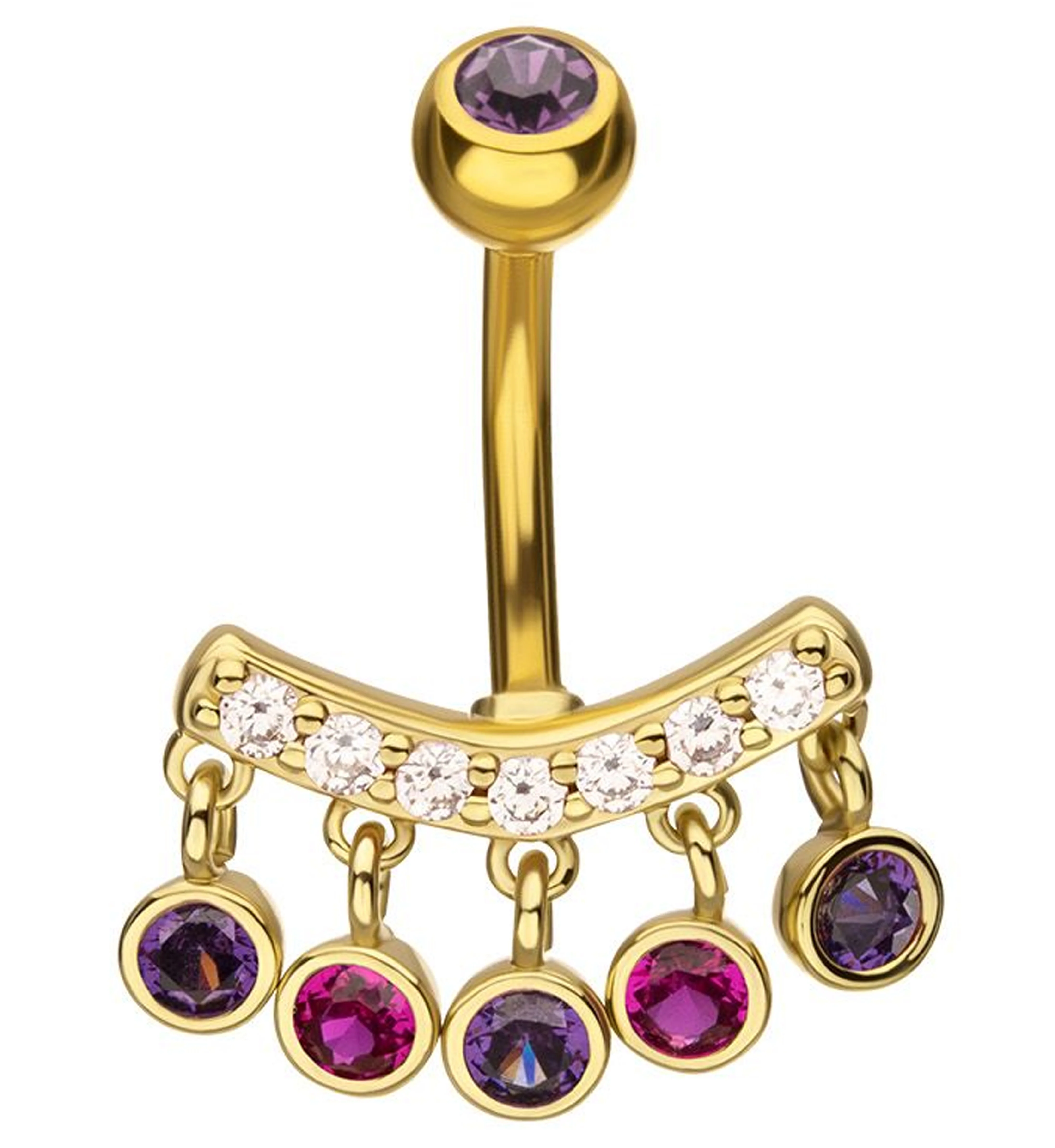 Gold PVD Curve Quinate Fuchsia And Amethyst CZ Dangle Stainless Steel Belly Button Ring - Mrs Treak