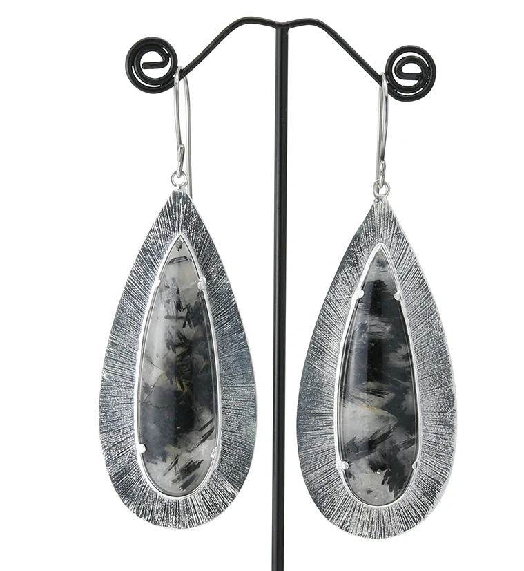 Score Tourmalated Quartz Stone White Brass Hangers / Earrings - Mrs Treak