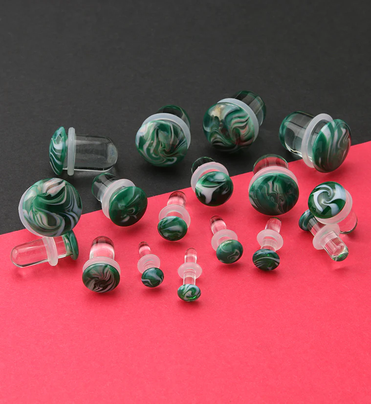 Green and White Haze Single Flare Glass Plugs - Mrs Treak