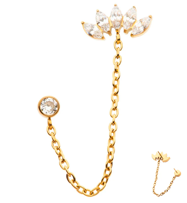 24kt Gold PVD Half Crown Clear CZ Connector Cartilage Rolo Chain Threadless Tops - Mrs Treak