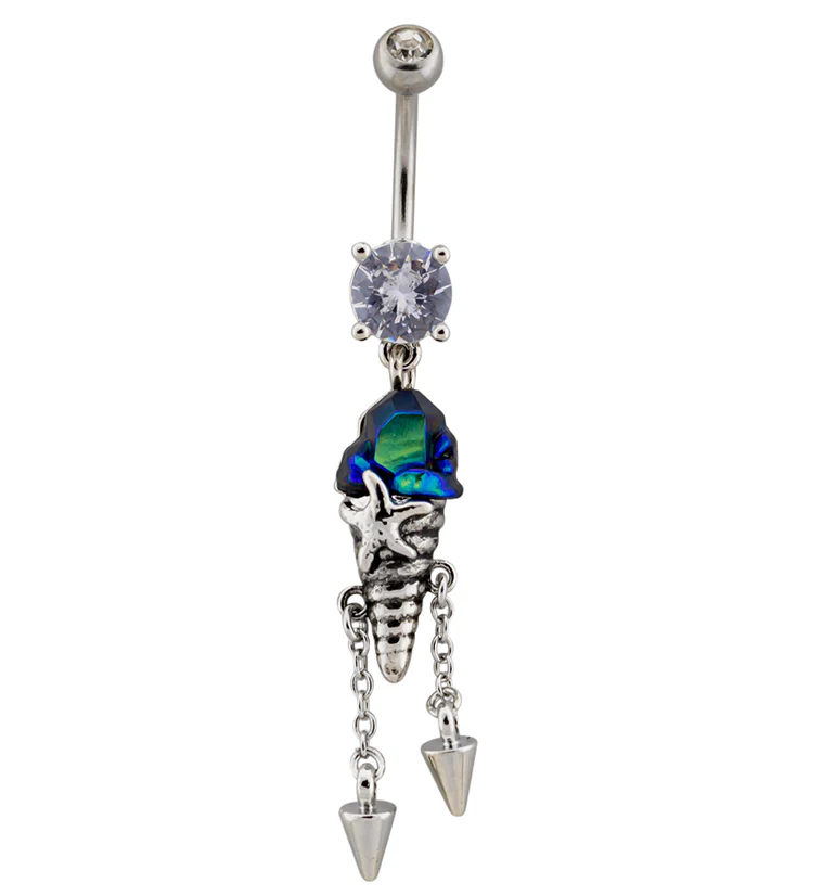 Blue Crystal Sea Shell Dangle Belly Button Ring - Mrs Treak