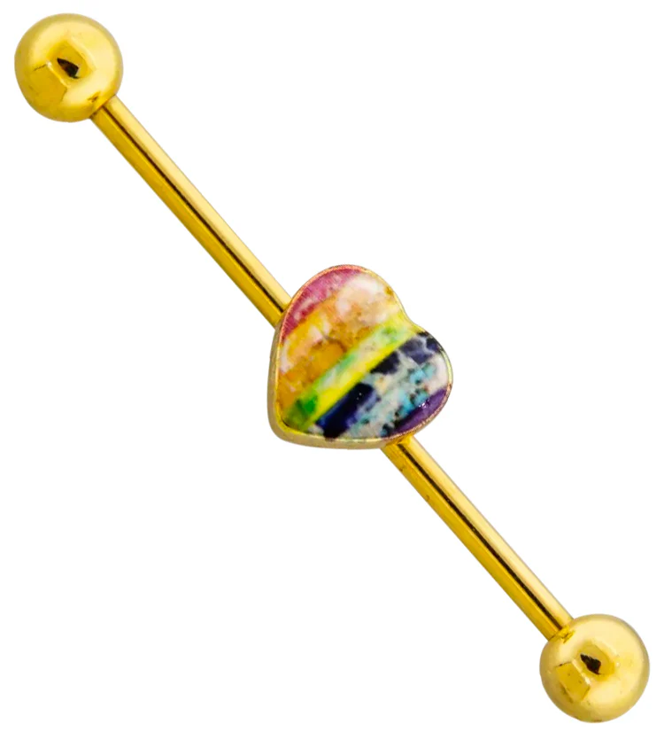 Gold PVD Opalite Rainbow Heart Industrial Barbell - Mrs Treak