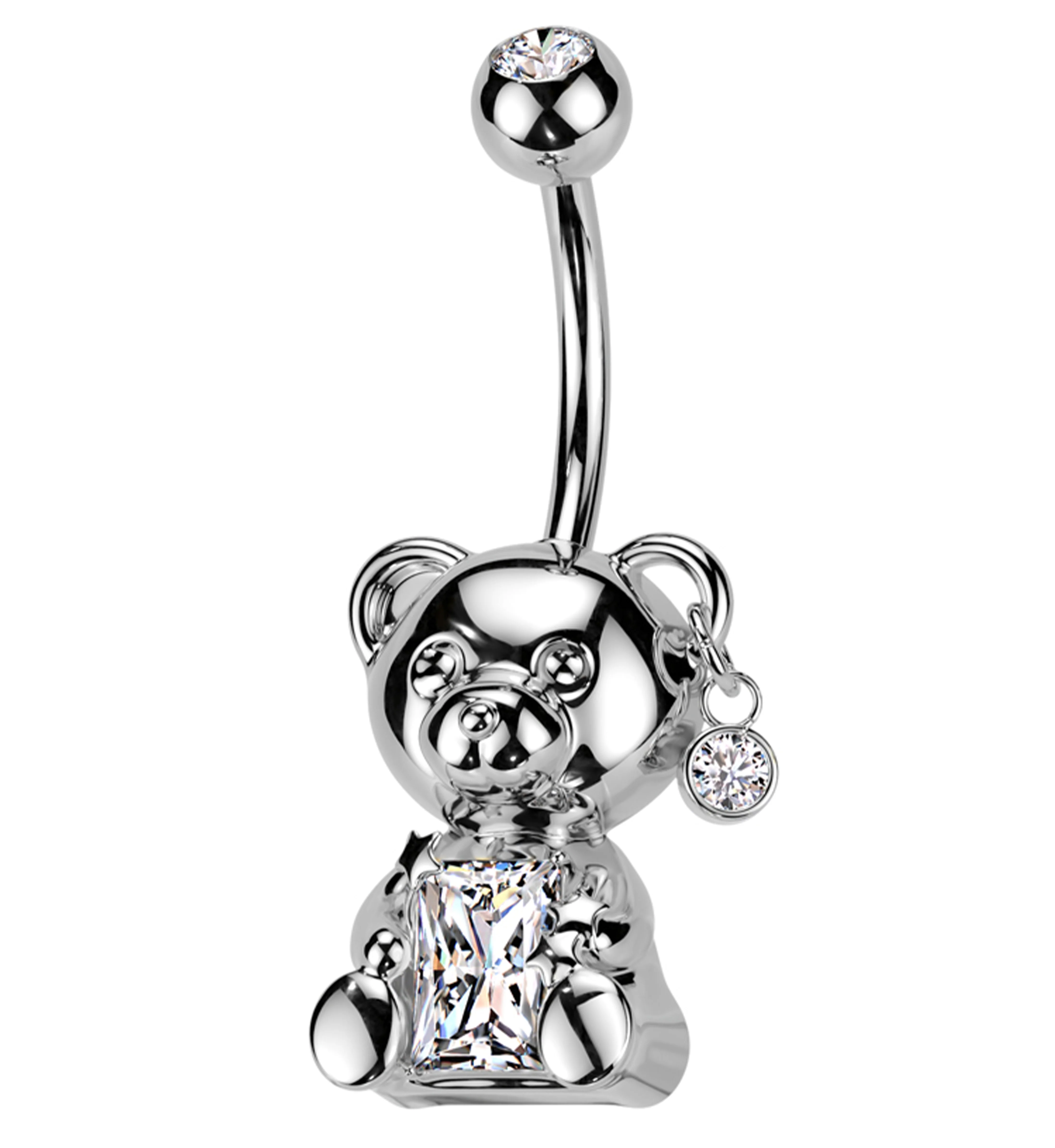 Teddy Bear Baguette Clear CZ Stainless Steel Belly Button Ring - Mrs Treak