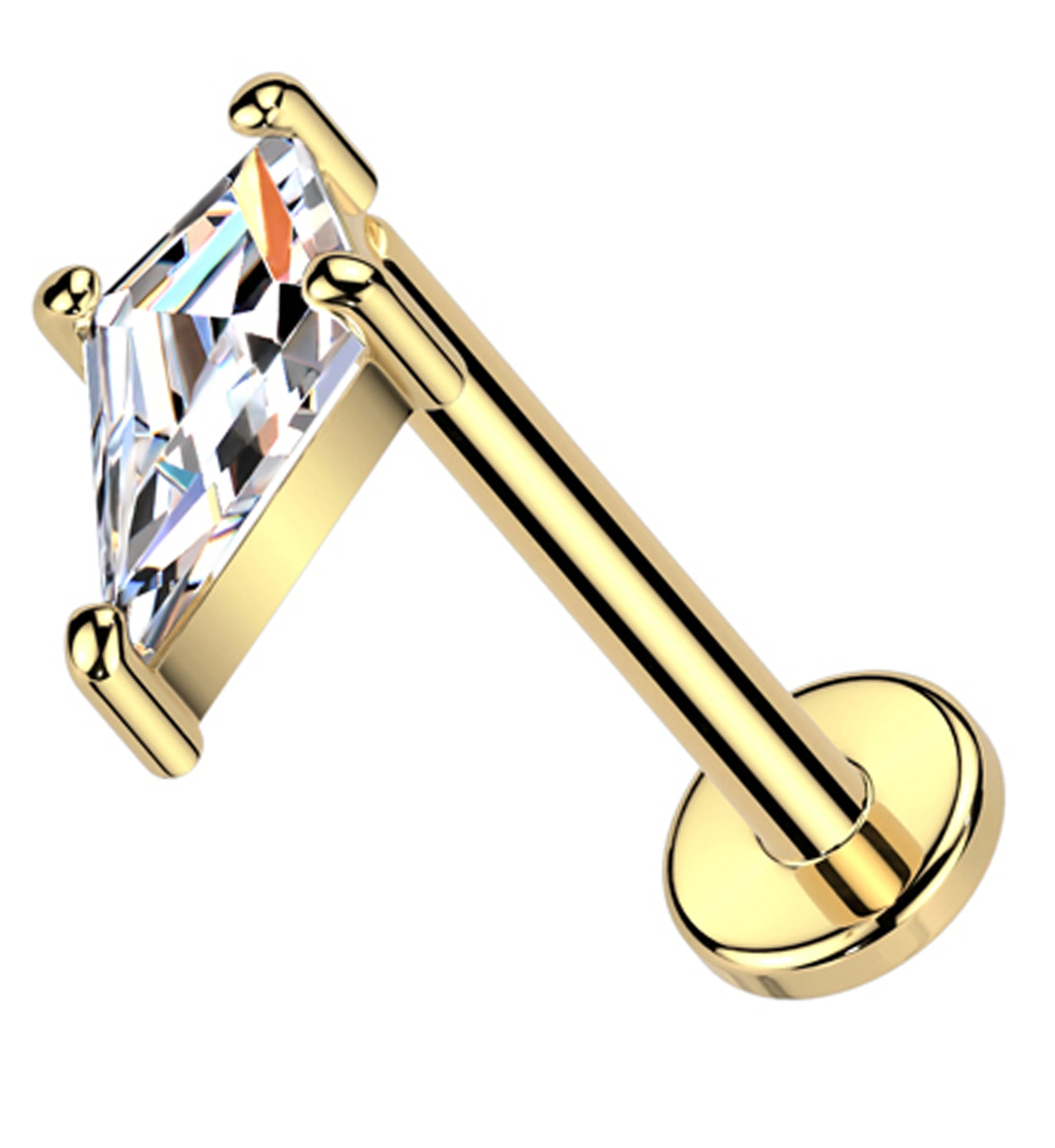 14kt Gold Tetra Clear CZ Flat Disk Threadless Labret - Mrs Treak